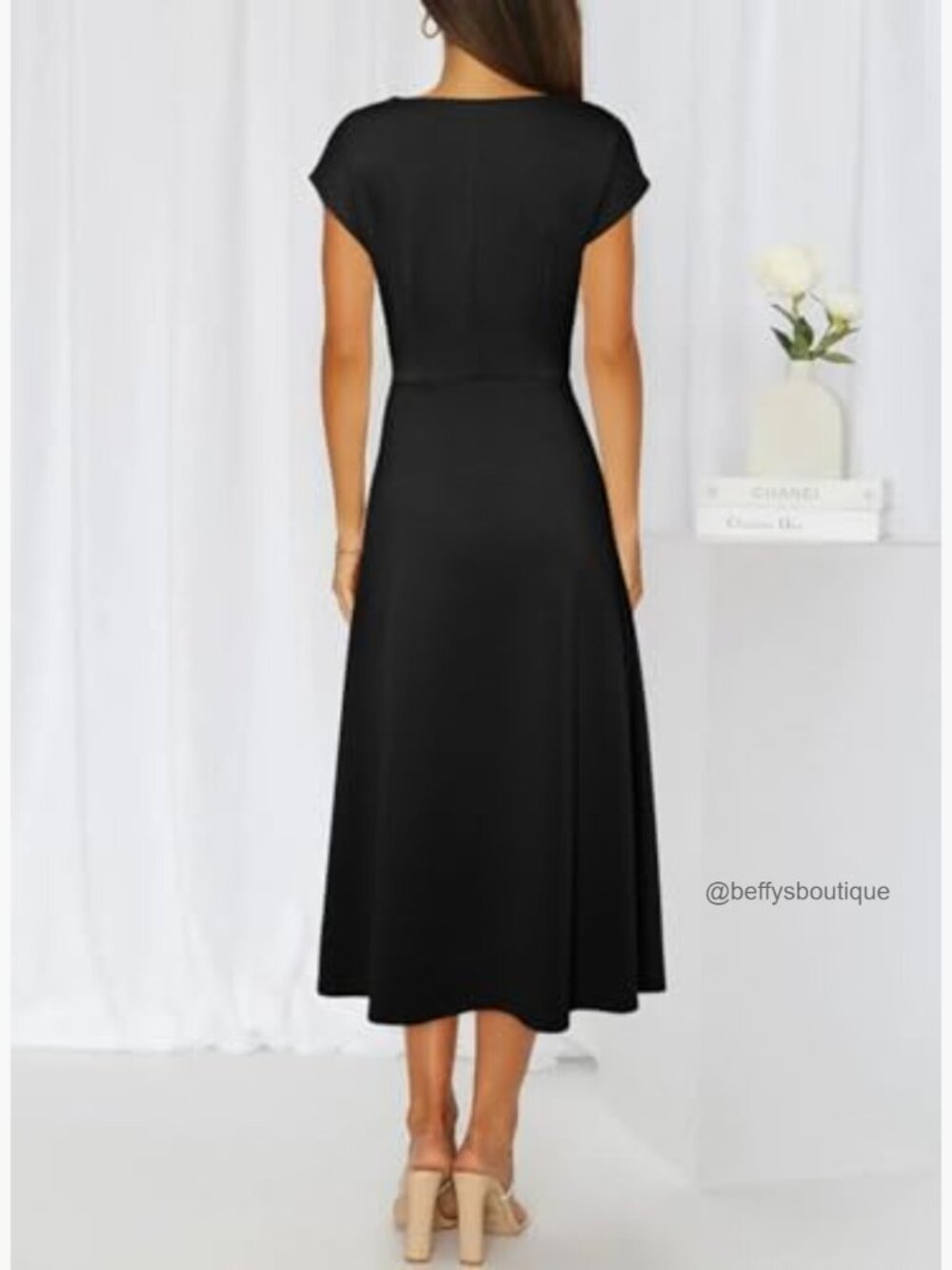 Short Sleeve Cowl Neck Ruched Waist A Line Midi Dress Flowy Party Cocktail Dress - Picture 2 of 7
